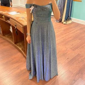 Off the shoulder, blue princess dress